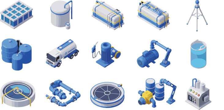Isometric Industrial Equipment and Machinery Vector Set with Storage Tanks, Pumps, Pipes, Robots, and Factory Production Systems for Engineering and Manufacturing Designs