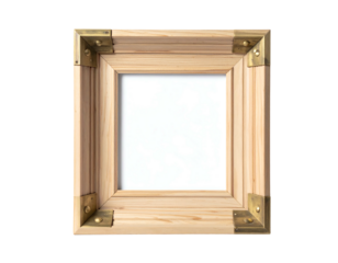 A square, light-wood picture frame with brass corner braces, isolated on black