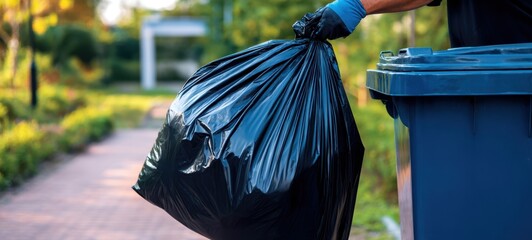 The Garbage Bag Being Emptied Into a Blue Outdoor Trash Bin on a Park Walkway