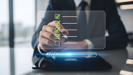 Businessman interacting with futuristic transparent screen technology