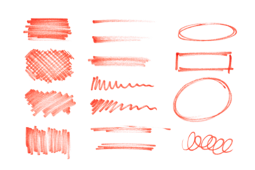 set of red highlighter felt tip pen strokes, circles, lines and underline textures isolated on white or transparent png