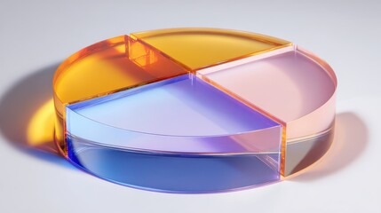3D isometric translucent colorful pie chart for data visualization and financial analysis, isolated on white background