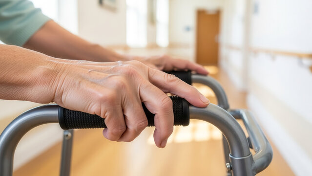 Elderly Caucasian hands resting on walking frame, safety and independence in assisted living