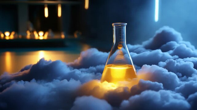 A captivating scene featuring a glass laboratory flask filled with a glowing yellow substance, surrounded by ethereal clouds, set against a backdrop illuminated by soft blue and warm ambient lights.