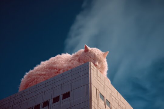 Giant pink cat resting on skyscraper rooftop under clear blue sky