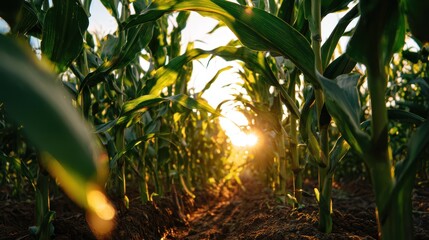 Fototapeta premium Golden Sunlight Glimmers Through Rows of Corn on a Warm Summer Evening in an Agricultural Landscape
