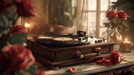 A vintage record player with romantic vinyl, roses in background, cozy living room setting, warm nostalgic mood, 8k, realistic, full ultra HD, high resolution, cinematic photography