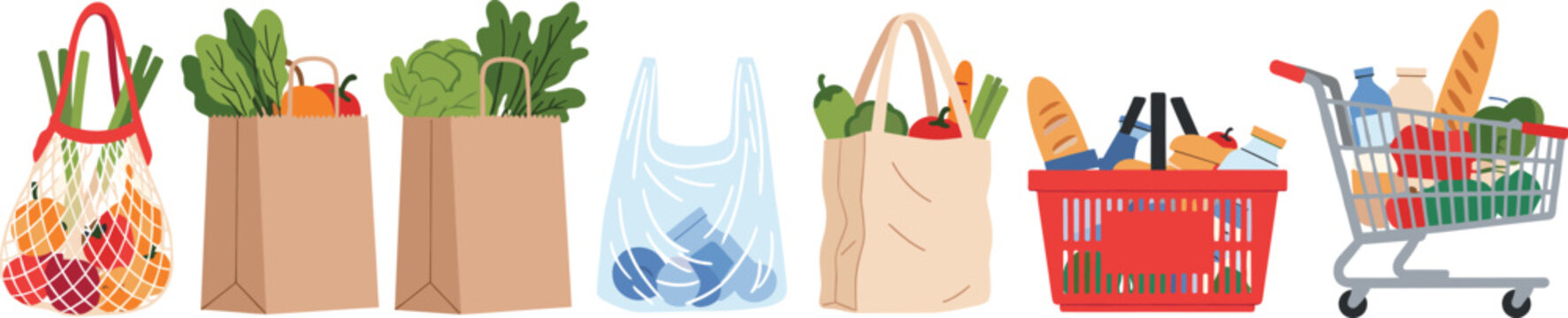 Grocery shopping bags illustration set showing reusable, paper, and plastic bags with fresh food and supermarket cart in flat vector style