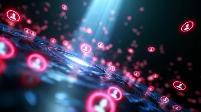 A mesmerizing exploration of digital connections and interactions, showcasing a virtual landscape illuminated by vibrant red icons, representing users and networks in a futuristic space filled with