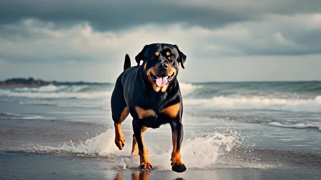 Happy Rottweiler Dog Running on Beach Near Ocean Waves with Tongue Out and Tail Wagging