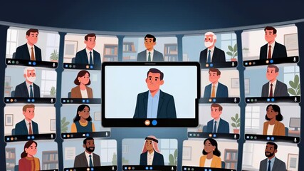 Diverse team of international professionals waving during virtual conference call. Remote work and global collaboration concept for corporate communication - Powered by Adobe