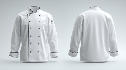 Professional white chef jacket with black piping, front and back views, isolated on white background