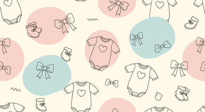 Cute seamless pattern for babies featuring hand drawn onesies with hearts, ribbons, and tiny socks in soft pink and blue pastel tones.