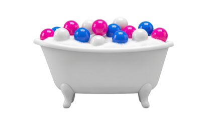 Bathtub filled with pink, blue, and white spheres and foam