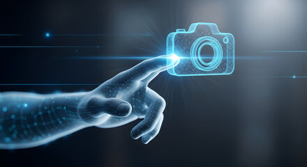A futuristic hand interacting with a glowing blue camera icon
