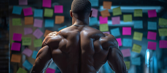 bodybuilder with sticky notes background