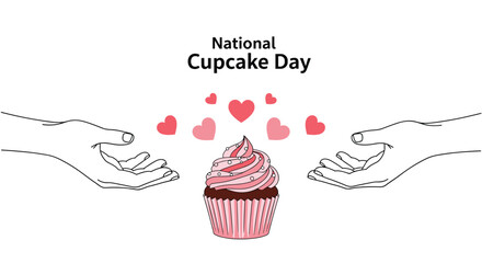 National cupcake day celebration with hands reaching towards a delicious frosted cupcake surrounded by flying red hearts.