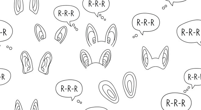 Fun seamless pattern with hand drawn rabbit ears and growling sound speech bubbles for whimsical kids and animal themes.