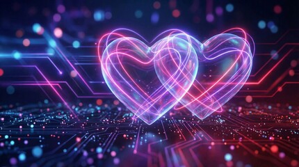 Futuristic Digital Love Concept with Holographic Neon Hearts on Technology Background