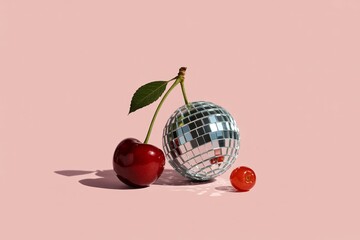 Cherry with Disco Mirror Ball on Pink Background Minimal Creative Still Life Concept