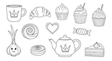 Set of black and white line art sketches of sweets pastries a teapot a cup and an onion for coloring and design projects.