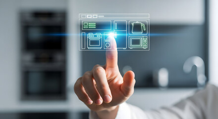 A person interacting with a futuristic digital interface with their finger