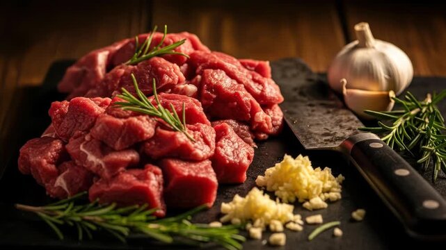 Raw beef cubes with rosemary and garlic prepared for cooking.