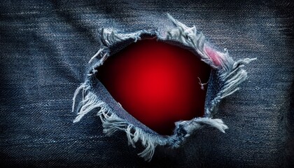 Red Glowing Hole In Dark Denim Fabric Abstract Background With Ripped Texture