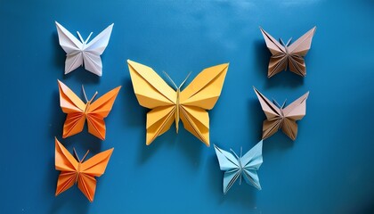A Series Of Origami Butterflies Ranging From Simple To Complex Designs Transition Toward A Fully Formed Butterfly On A Smooth Blue Surface Symbolizing Growth And Transformation
