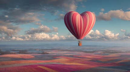 A whimsical hot air balloon in the shape of a heart floating over a scenic countryside, with vibrant fields below, 8k, realistic, full ultra HD, high resolution, cinematic photography