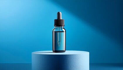 Glass Dropper Bottle Mockup On Podium In A Minimalist Blue Setting