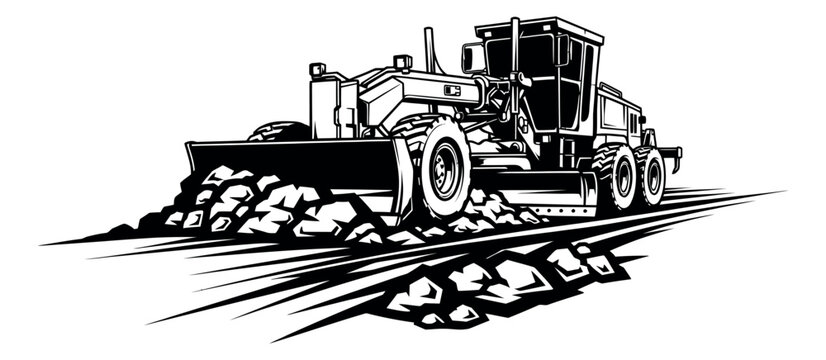 Graphic line art illustration of a road grader depicting earthmoving for construction projects