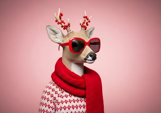 Cool deer wearing sunglasses and red scarf on pink background