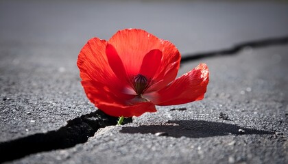 Crimson Poppy Bursts From Asphalt Fissure Vibrant Against Grey Photography Flower