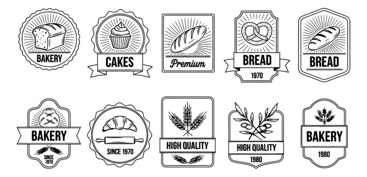 Vintage hand drawn line art bakery labels set featuring bread, cakes, and ingredients for food branding and packaging
