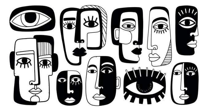 Abstract hand drawn line art faces set featuring diverse human portraits and expressive eyes for creative graphic design