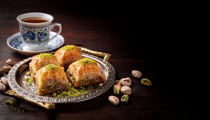 Baklava Pastry Pistachios Tea On A Ornate Tray And Cup On Dark Wood