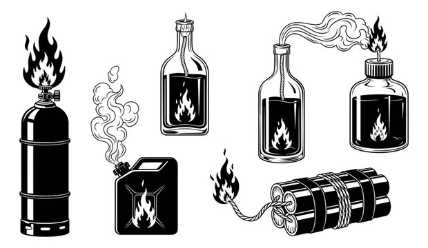 Vintage hand drawn line art incendiary devices set featuring molotov cocktails, dynamite, a flaming gas can, and a burning propane tank for danger and warning designs