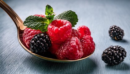 Spoon Overflowing With Raspberries Beside Blackberries And Mint