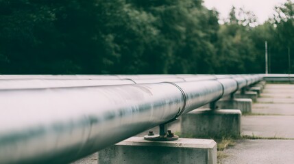 Industrial Serenity Metal Pipes Aligning Towards a Distant Green Horizon