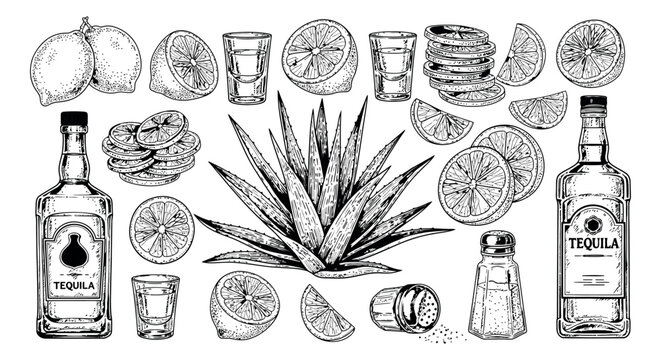 Hand drawn line art tequila cocktail ingredients set featuring bottles, shot glasses, agave, lemons, and salt for drink preparation