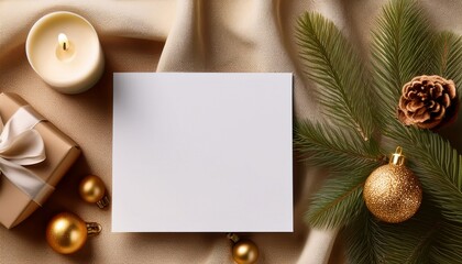 Christmas Card Mockup White Blank Paper Texture Neutral Cozy Holiday Pine Ornament Gold Gift Fabric Background