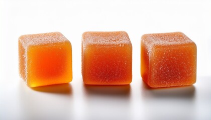 Three Orange Cubes Of Marmalade Candy On A White Background