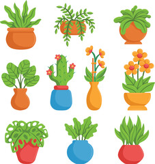 Collection of Potted Houseplants and Flowers. Flat Design Vector Illustration of Indoor Green Plants, Cactus, and Blossoms for Home Decor