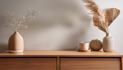 Stylish And Minimalist Composition On Wooden Design Commode With Copy Space Flowers In Vase Decorations And Personal Accessories Template