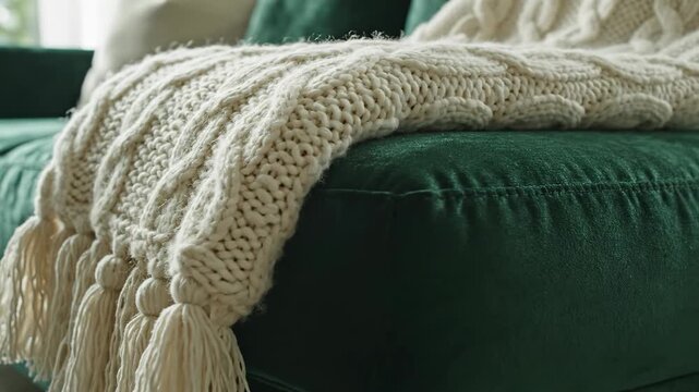 Cozy Knitted Blanket on Green Sofa: A thick, intricately knitted blanket in a warm, neutral tone drapes elegantly over a plush, velvet green sofa, inviting a sense of comfort and relaxation.