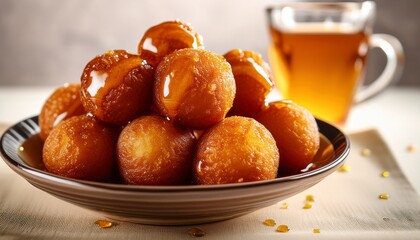A Delicious Bowl Of Traditional Sweet Golden Brown Fried Dough Balls Glistening In A Light Honey Syrup