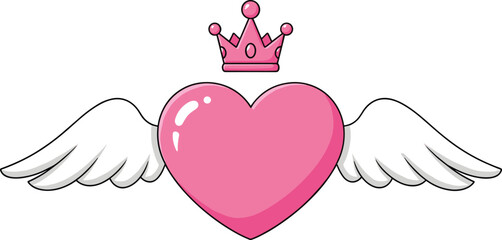 Cute pink heart with angel wings and crown cartoon illustration for love, romance, valentine and princess design concept © Asik