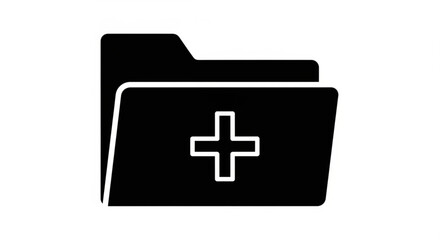 Fototapeta premium A black and white vector graphic of a folder with a plus sign, symbolizing addition or creation.