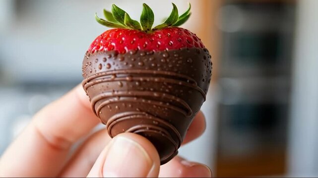 Closeup of hand holding chocolatedipped strawberry with focus shift